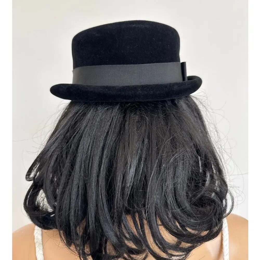 Vintage 50's French Black Velvet Cocktail Hat with Ribbon band retro veil style